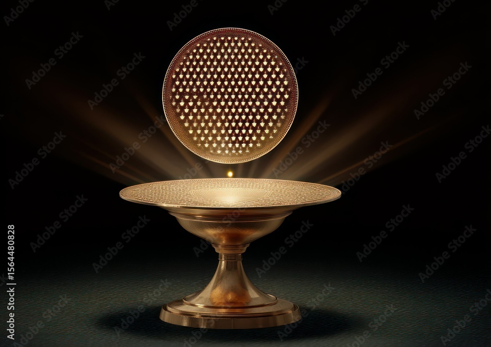 Poster an abstract composition of a pedestal with a perforated object, set against a dark backdrop