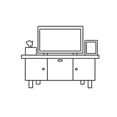 A black and white drawing of a television stand with a television on top