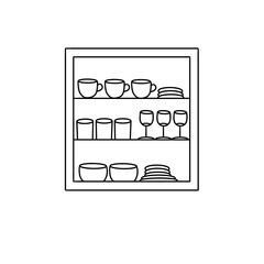 A white shelf with a variety of dishes and glasses