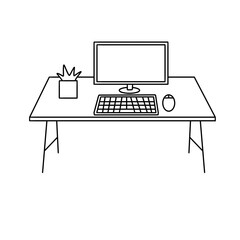 A computer desk with a keyboard, mouse, and a potted plant