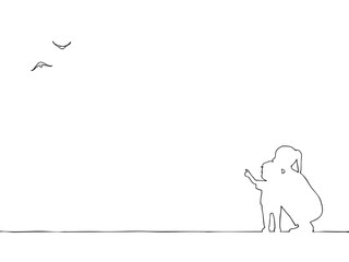 親子のシルエットイラスト　鳥を見る母子