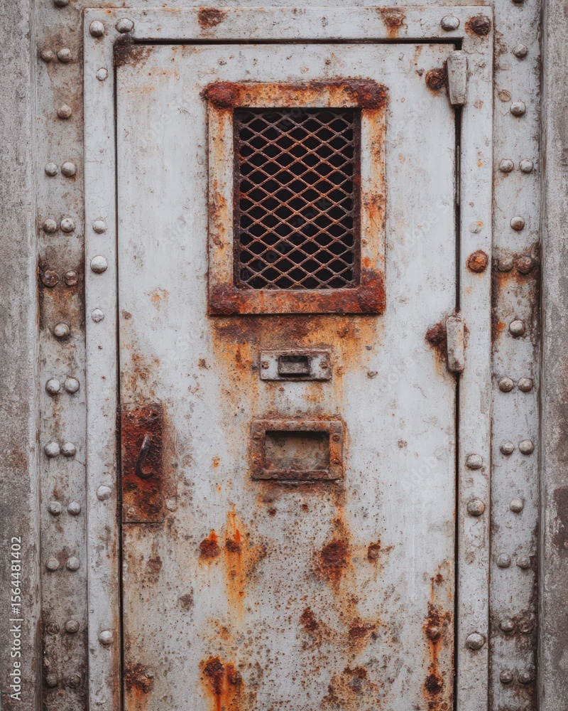 Poster Weathered metallic barrier with barred window displaying textures of rust and industrial age