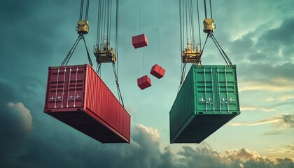 Crane lifting shipping containers against sky.
