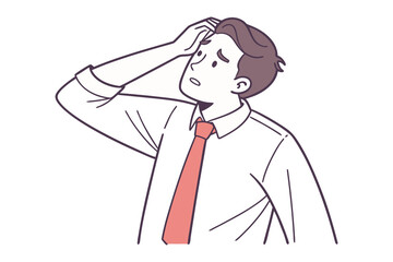 A confused businessman in a white shirt and red tie touches his head looking upwards with a worried expression symbolizing uncertainty and stress