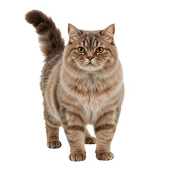 Obraz premium Fluffy brown tabby cat stands gracefully with its tail up, isolated against a pure transparent background offering a clean and modern feel.