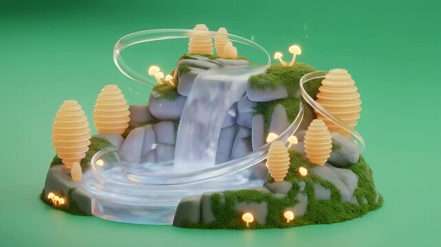 Fantasy Waterfall Scene with Miniature Rock and Moss Beehive Structures Isolated by Green Screen Perfect For Animation VFX and RPGs