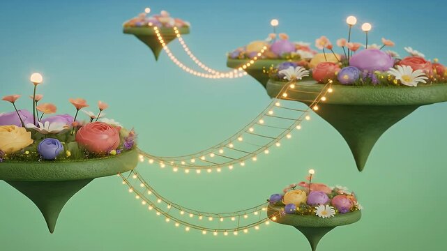 Floating Green Islands Decorated with Flowers and String Lights in a Fantasy Sky 3D Animation