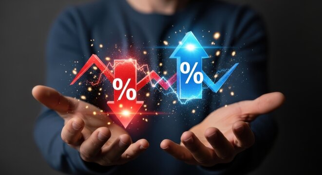 Hands present digital arrows showing percentage increase and decrease in the economy