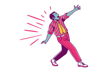 Energetic man in vibrant pink and teal attire with a yellow tie joyfully singing or shouting with outstretched arms and radiating lines