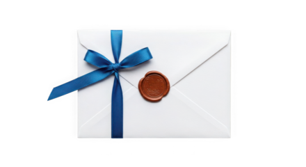 White envelope with blue ribbon and wax seal on a transparent background close up