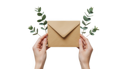 Hands holding a brown envelope with green eucalyptus leaves on transparent background