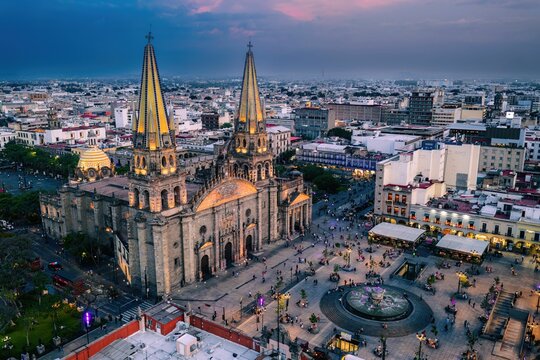 Guadalajara Cathedral aerial view at dusk. - Powered by Adobe