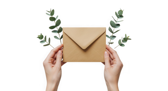 Hands holding a brown envelope with green eucalyptus leaves on transparent background - Powered by Adobe