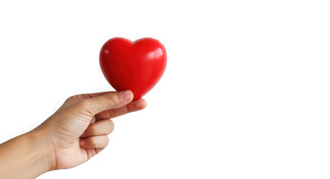 Hand holding a red heart against a transparent background in a studio setting - Powered by Adobe