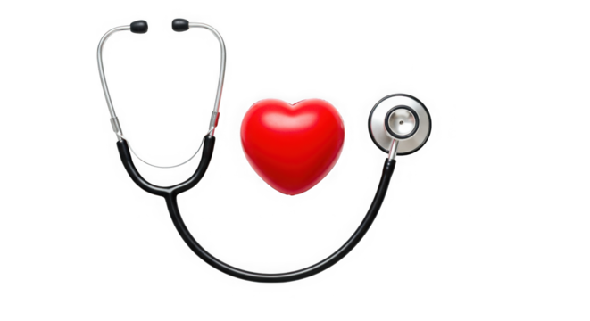 Stethoscope framing a red heart shape on a transparent background studio shot view