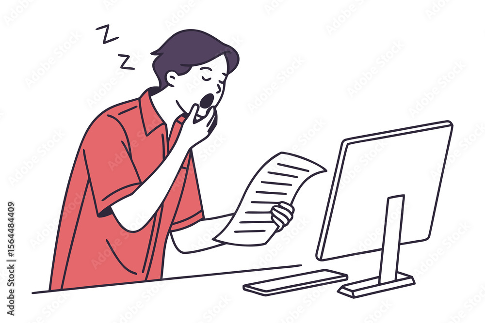Poster tired office worker yawning widely while holding a document and looking at a computer screen symboli