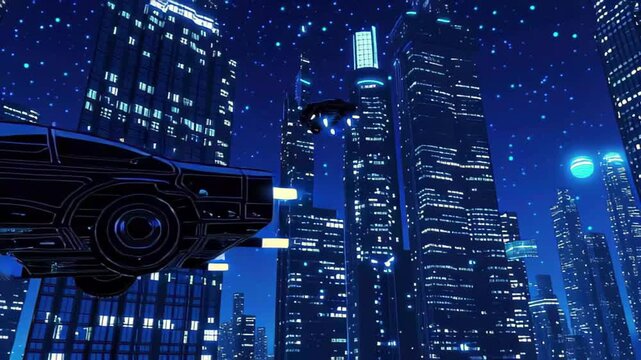 Futuristic flying cars navigating through a glowing urban landscape at night