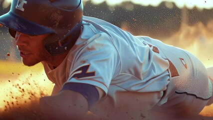 Athlete slides into base during a baseball game at sunset in a dusty field - Powered by Adobe