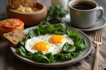 Fried Eggs on Spinach &ndash; Healthy Breakfast Plate