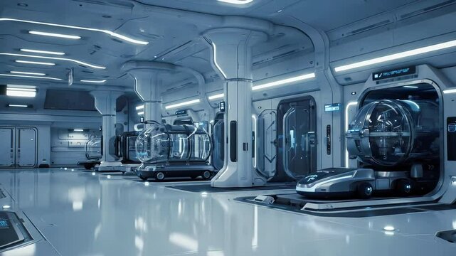 Futuristic Space Colony Facility with Capsule Module Sliding into Wall Compartment