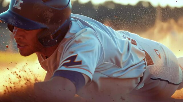 Athlete slides into base during a baseball game at sunset in a dusty field - Powered by Adobe
