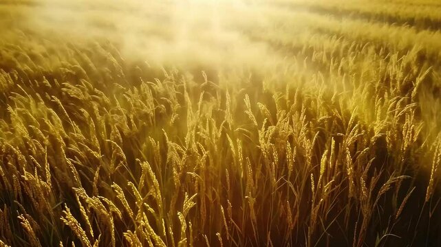 Mature rice ears sway gracefully in the golden breeze during sunset at a scenic field, Aerial shot of mature rice ears blown by the wind in the sun, harvest in fields