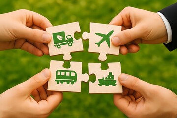 Hands Assembling Transportation Puzzle Pieces Green Icons
