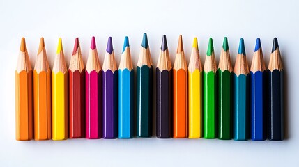 Row of vibrant colored pencils arranged in a spectrum on a white background