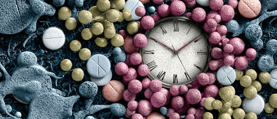 Clock Surrounded by Colorful Cells, Laboratory Setting, Digital Art, Focused View, Time Concept