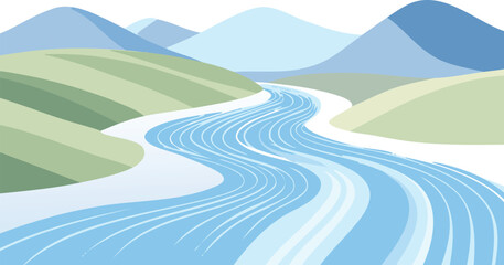 Vector Tranquil Nature Illustration with Curved River and Teal to Blue Gradient Hills under Hazy Sky

