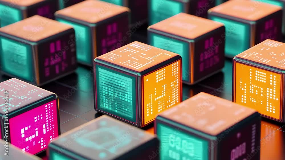 Aufkleber Cubes display glowing binary code in vibrant colors creating a minimal tech inspired landscape, Cubes with binary code Minimal cartoony technology metaphor 3D render