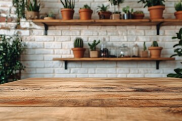 Fototapeta premium Rustic wooden table foreground with blurred shelves, potted plants and brick wall backdrop