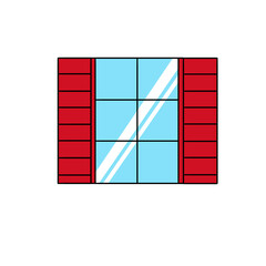 A red window with a blue frame and a clear glass pane