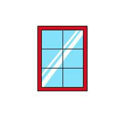 A window with a red frame and blue glass