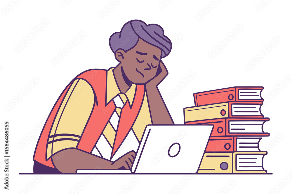 Poster tired office worker resting head on hand while looking at a laptop with a stack of binders on the de