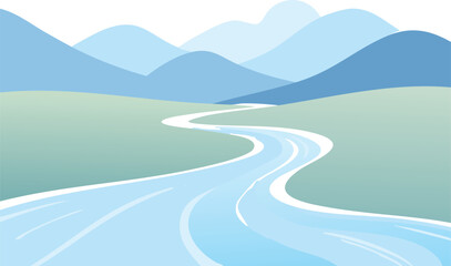 Vector Peaceful Valley Scene Featuring Winding River and Layered Hills in Atmospheric Perspective