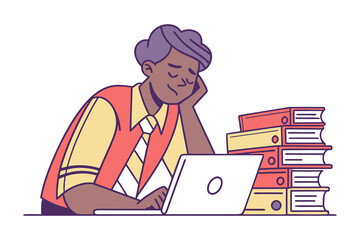 Tired office worker resting head on hand while looking at a laptop with a stack of binders on the desk