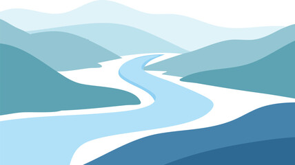 Vector Serene River Landscape with Rolling Hills and Minimalist Stylized Design in Soft Blue Tones