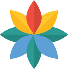 Vector Stylized Symmetrical Floral Design with Tri-Layered Petals in Red, Yellow, Teal, and Blue on White Background