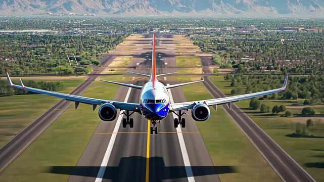 Plane approaches runway for landing at Phoenix Sky Harbor International Airport with mountains in the background, Plane landing at Phoenix Sky Harbor International Airport