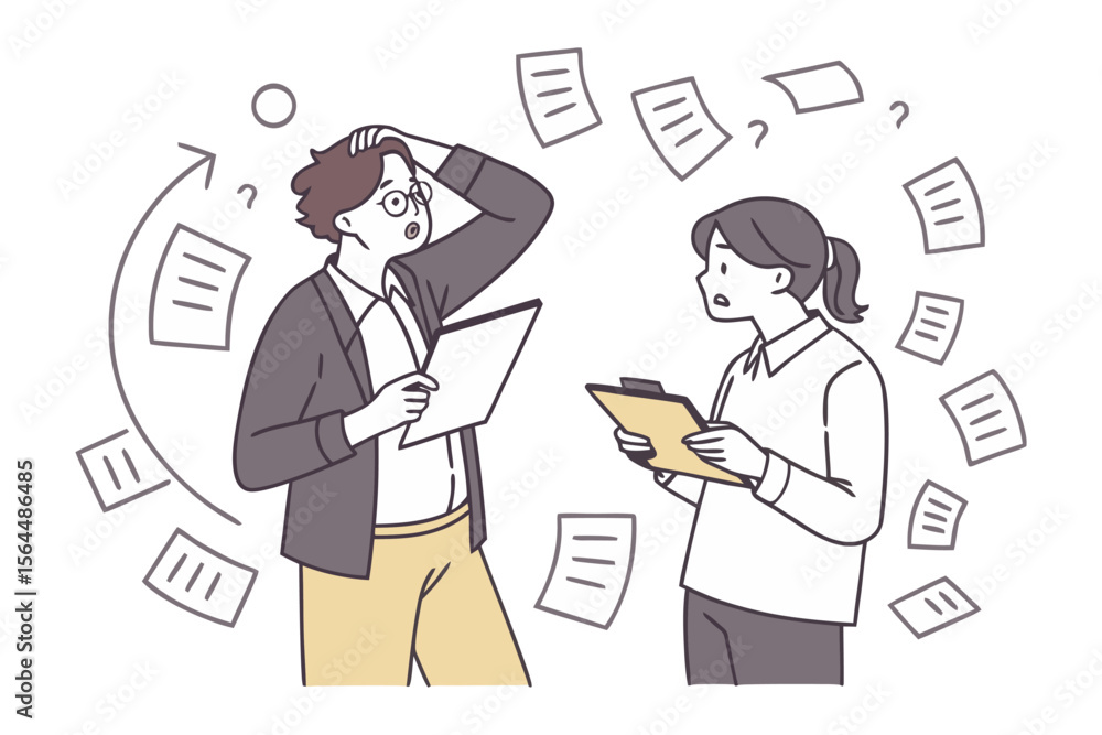 Poster confused business professionals surrounded by scattered documents and question marks struggling with