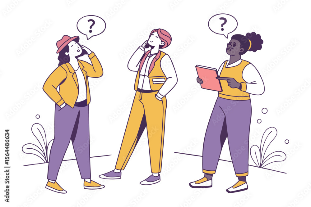 Poster three diverse people standing and contemplating with question marks above their heads representing c