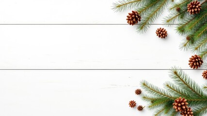 Festive green pine branches and brown pine cones arranged on a white wood surface create an inviting background