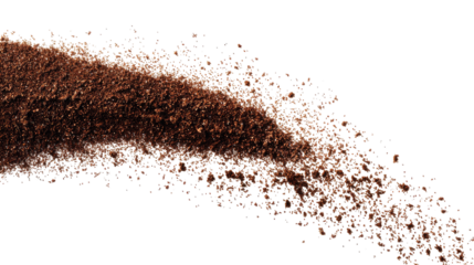 Brown coffee powder splashes gracefully, creating a dynamic design. transparent background