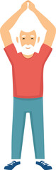 Vector Elderly Man in Red Shirt Stretching with Arms Raised, Cheerful Cartoon Illustration on White Background