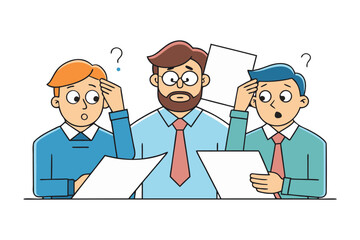 Three confused business professionals scratching their heads while holding papers and looking at question marks above them in a meeting