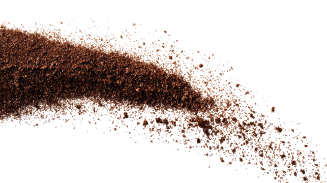 Brown coffee powder splashes gracefully, creating a dynamic design. transparent background