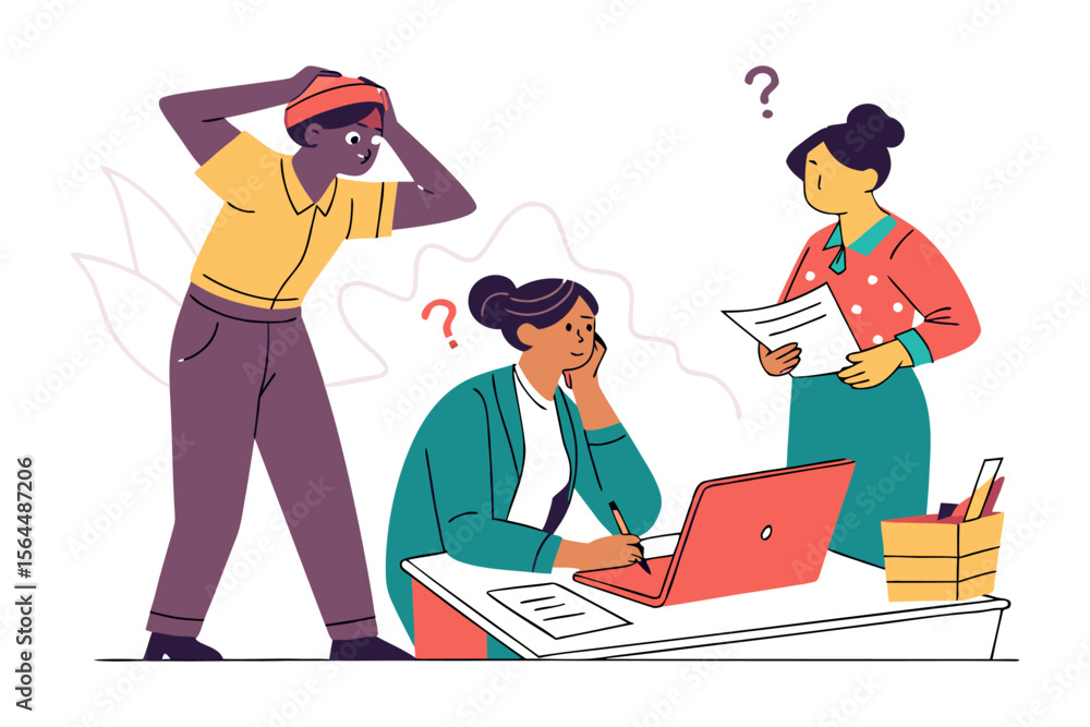 Poster diverse team members collaborate and express confusion and concern during a brainstorming session at