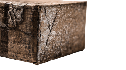 Close-up view of a textured cube showcasing natural wood patterns. transparent background
