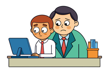 Fototapeta premium A worried manager places a hand on an employee s shoulder while they both look at a computer screen with concern